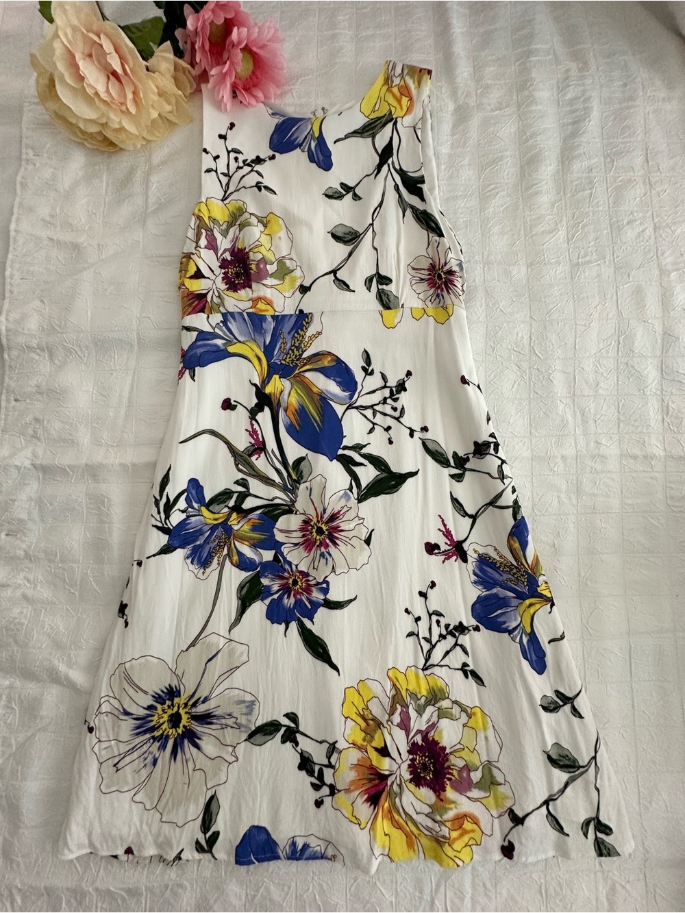 Banana Republic White Dress with Blue and Yellow Floral Accents